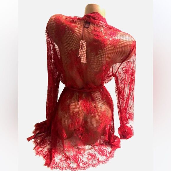 🔥 Victoria’s Secret Sexy Lace Fishnet Red Embroidered Sheer Robe Sz XS/Small New - Picture 3 of 7
